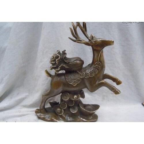 11" China brass copper Feng Shui lucky cabbage mammon deer Sculpture fine statue