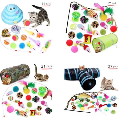 Creative Assorted Cat Toys Set Collapsible Tunnel Kitten Interactive Play Toy Feather Bell Ball Pet Game Kit Funny Cats Stick