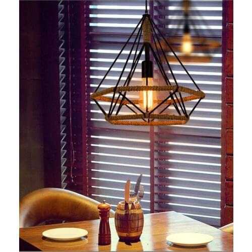 Hemp rope lamps retro industrial style simple personality diamond bar iron bar restaurant Chandelier