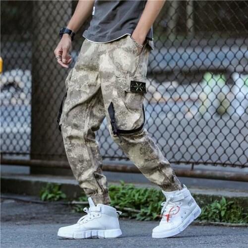 Fashion Streetwear Camouflage Jogger Pants Men Loose Fit Ankle Banded Punk Style Hip Hop Pants Multi Pocket Military Cargo Pants