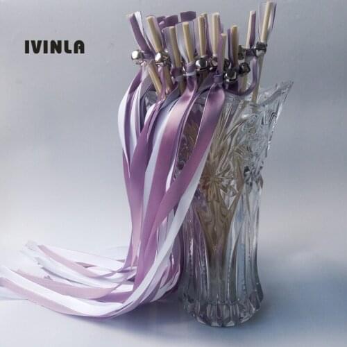 Newest 50pcs/lot Purple wedding ribbon wands with sliver bell for wedding decoration