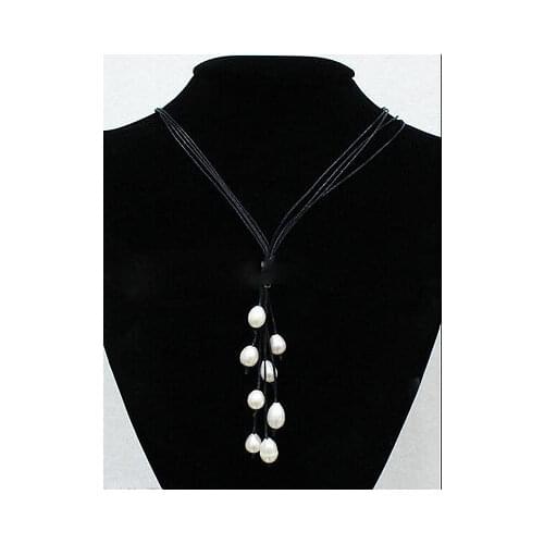 New Fashion Black Leather Rope & White Freshwater Pearl Necklace 20'' Long