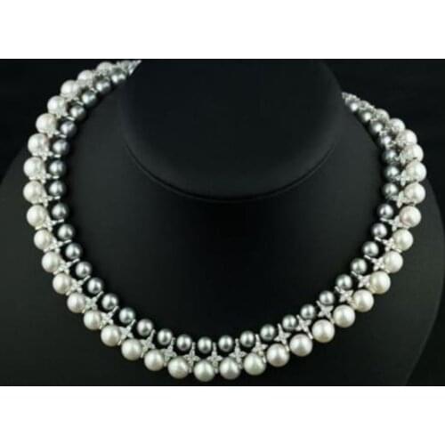 Double trands 9-10mm south sea round white grey pearl necklace 17"18"