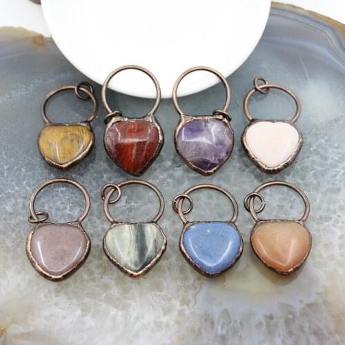 Love Heart-shaped Natural Stone Antique Brass Style Hoop Pendant,Reiki Healing Crystal Vintage Necklace,For DIY Jewelry Making