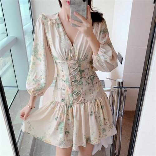 Holiday Ruffle V neck Lacing up Bandage Lace Waist Floral Dress 2021 Women Tied Bow Long sleeve Dresses Sexy Femme Vestidos