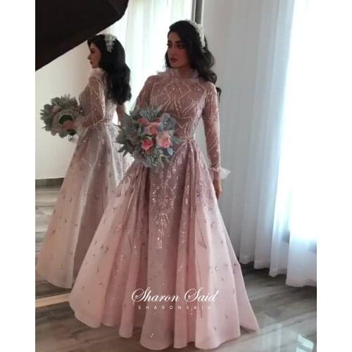 Rose Pink Long Sleeve Arabic Evening Dresses 2021 Luxury Dubai Muslim Formal Dress for Women Wedding Party Engagement Prom Gowns