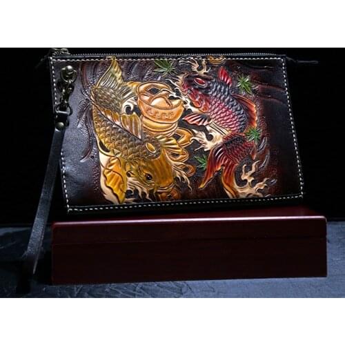Handmade Business Men Vegetable Tanned Leather Carvings Carp Bag Money Holder Clutch Purse Phone Pocket Man Clutches Envelope