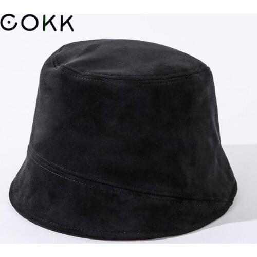 COKK Hat Women Winter Suede Bucket Cap Casual Solid Color Simple Korean Gorro Fisherman Hat Chapeu Vintage Flat Top New