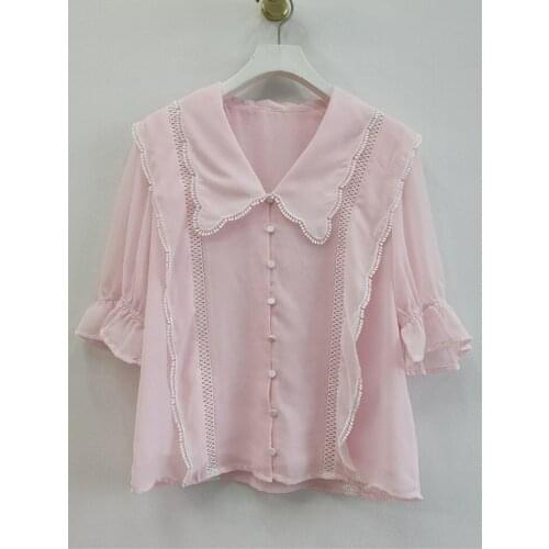 Summer Womens sweet peter pan Collar Ruffles Shorts sleeves Chiffon Shirts Top C347