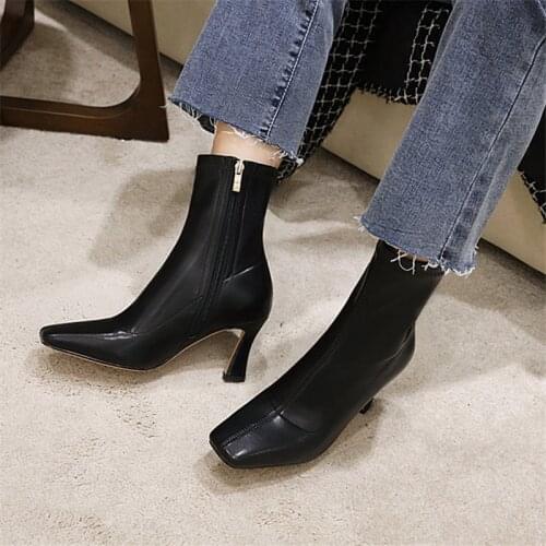 2021 The New Women High Heel Ankle Boots Women autumn Winter Boots Fashion Zipper Boots Office Lady Street Footwear Size 34-45