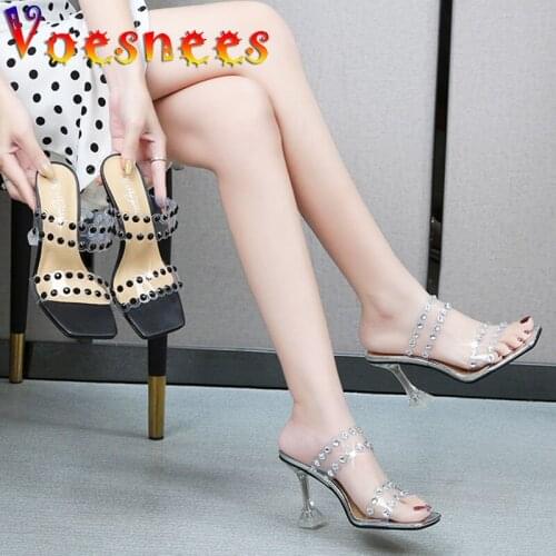 Voesnees Women New Transparent PVC Diamond Slippers Summer Office 9CM Sandal Black Silver Comfortable Everyday High Heel Shoes