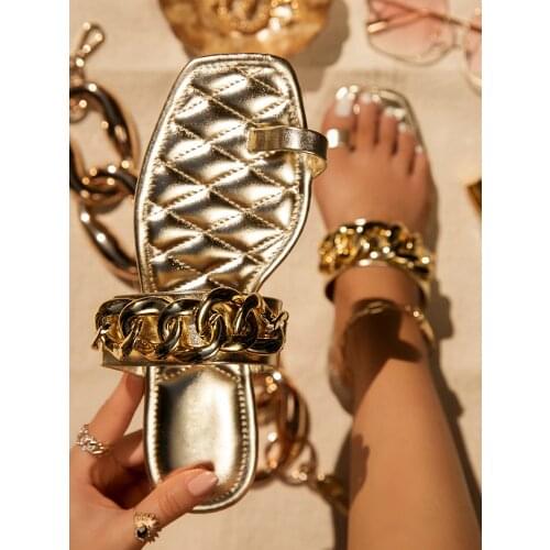 Women Summer 2021 Sandals Slipper Metal Decoration Gold Color Luxury Slides Woman Flip Flops Casual Square Heel Female Sandal