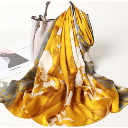 100% Silk Scarf For Women Long Print Luxury Natural Silk Shawls Wraps Blue Floral Summer Ladies Neckscarf Pure Real Silk Scarves