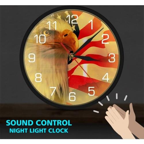 Stars and Stripes American Flag Patriotic Bald Eagle Sound Activated LED Wall Clock Metal Frame Non-Ticking Patriotic Home Decor