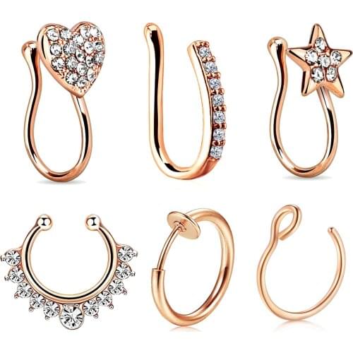 6Pcs Fake Nose Piercing Septum Rings Clip on Earrings16G Stainless Steel CZ Faux Piercing Jewelry Nose Ring Body Jewelry