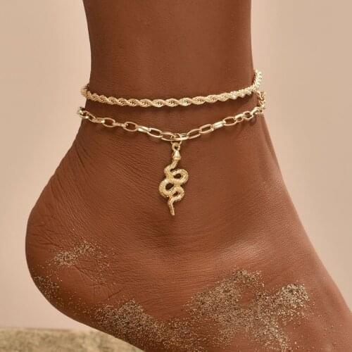 2021 Summer Beach Twist Chain Anklets Snake Pendant Simple Retro Double-layer Anklet Bracelet Gold Color Barefoot Jewelry