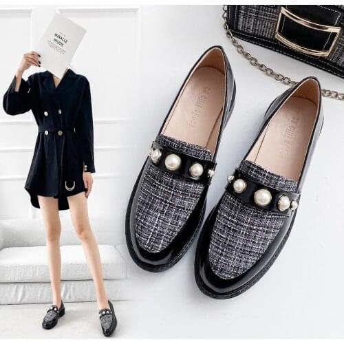 Big pearl rivets brogue shoes woman plaid cloth and leather patchwork flats ladies derby shoes pearl bullock Britishscarpe donna