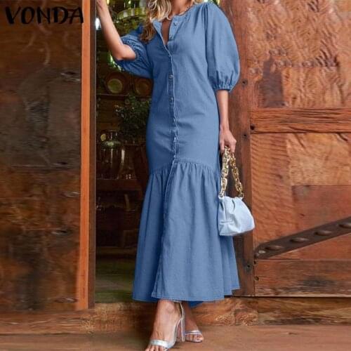 Elegant Demin Dress 2021 VONDA Women Vintage Party Long Dress Holiday Sundress Casual Vestidos Oversized Robe Femme