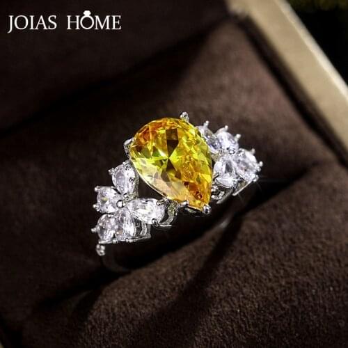 JoiasHome Charms Womens Ring For Wedding Luxury Silver 925 Jewelry With Gemstones Water Drop Shaped Citrine Zircon Female Gift