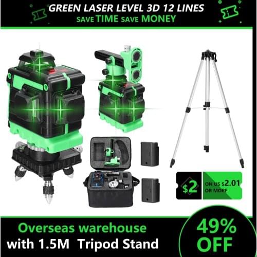 Green Laser Level 3D 12 Lines Self-leveling Laser Level 360 with 1.5M Heights Adjustable Extension Bar Tripod Stand Carrying Bag