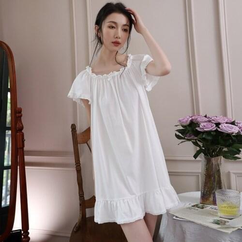 Summer New Ladies Short Sleeve Nightgown Sweet Ruffles Nightdress Cotton Home Dress Casual O-Neck Sleepwear White Nightwear