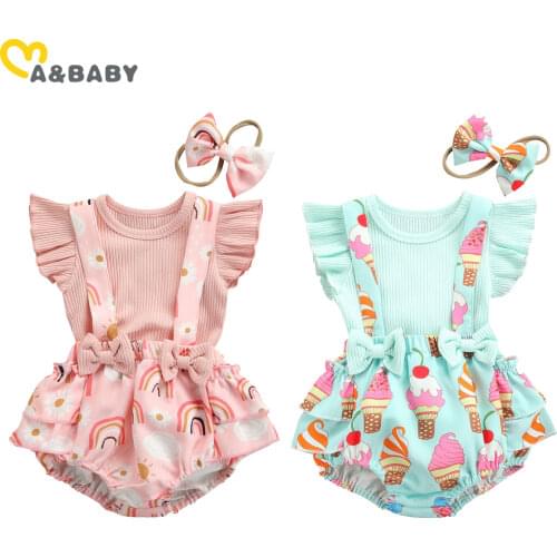 Ma&Baby 0-18M Cute Baby Girl Clothes Set Summer Newborn Infant Baby Knitted T shirt Rainbow Ice Cream Bow Shorts Overall Outfits