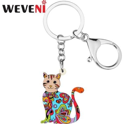 WEVENI Acrylic Sweet Floral Sitting Cat Kitten Keychains Ring Fashion Purse Handbag Car Key Chain Gifts Jewelry For Women Girls