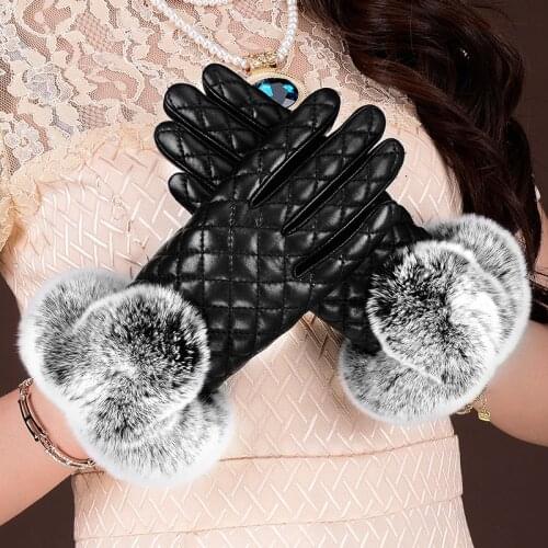 Fashion Women Cape Glove Rex Rabbit Hair Warm Thick Winter Gloves Palm Touched Gloves Real Genuine Leather for Gift
