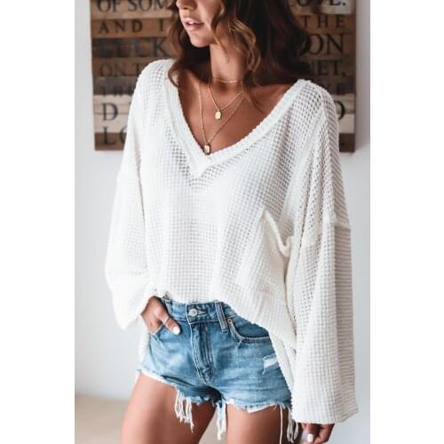Fashion Crochet Sweatshirt Women V Neck Long Sleeve Hollow Top Loose Casual Solid Cotton Pullover Streetwear Fall New Wholesale