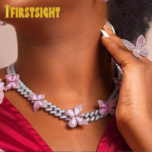 Multicolor Enamel Pink CZ Butterfly Necklace 12mm Iced Out Bling AAA CZ Miami Cuban Link Chain Butterflys Choker Women Jewelry