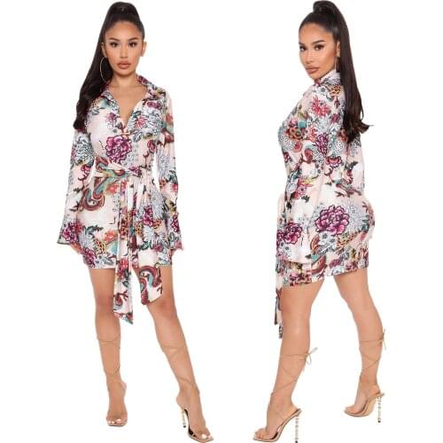 V-neck Slim Sexy Mini Dresses Long Sleeve High Waist Belt Fashion Retro Printing Fitness Dress Birthdays Party Clubwear Dresses