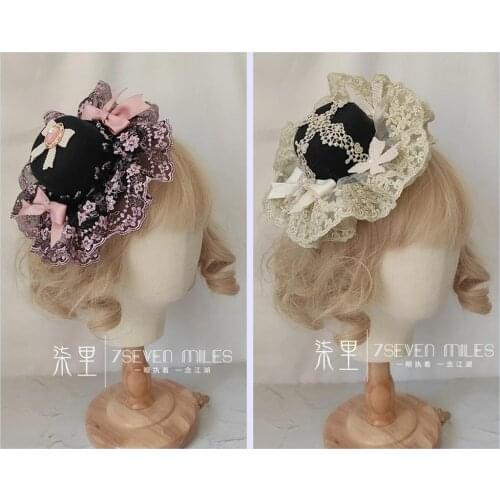 False face dancing party Flat Hat Original Vintage Gothic custom deep black lolita Golden Lace Bowknot Small Top hat Tea Party