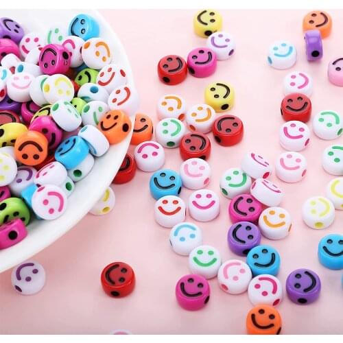 Smile Face Beads Flat Round Acrylic Happy Face Disk Beads 4 x 7 mm Colorful Happy Face Charm Spacer Beads for DIY Crafts