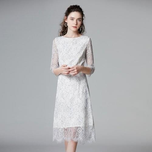 French retro high-end lace dress spring and summer dress new cut-out eyelash white buttock plus size dresses for women