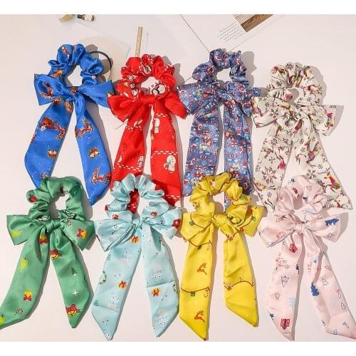 New Year Christmas Scrunchies Long Hair Ribbon For Women Girls Ponytail Scarf Elastic Knot Hair Bands Christmas Hair Accessories