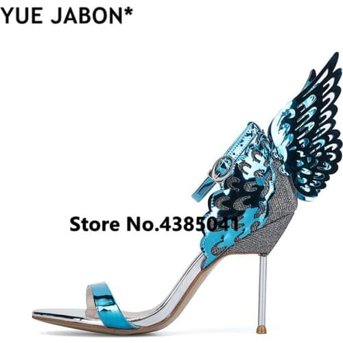 YUE Jabon Butterfly Wings Summer Peep Toe Sandals Women Shoes Stiletto High Heels Solid Color Buckle Sandals Sandalias mujer
