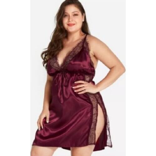 Sexy Lingerie Satin Lace Undewear Plus Size Temptation Halter Deep V Strap Split Nightdress Lace Sleeping Clothes 5XL