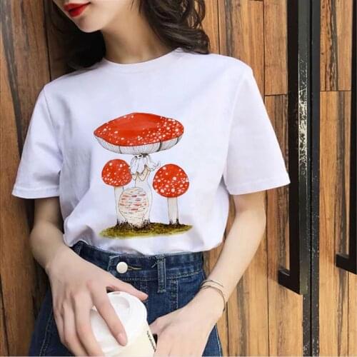 Fun Mushroom Cartoon Cute Print T shirt Summer Round neck Short Sleeve 90s Girls Casual tshirt Lady Tops t-shirt femme mujer