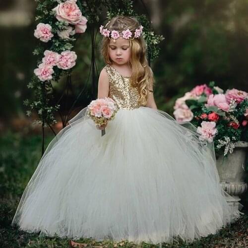 Golden Squin Kids Flower Girl Dresses For Wedding Backless Princess Pageant Gown Girls First Communion Baptism Vestido Clothing