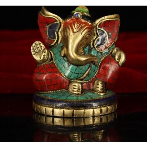 Height 7 CM,Tibetan Buddhism Handmade Small Elephant God Figurines, Old copper turquoise Elephant Trunk God of Wealth Statue