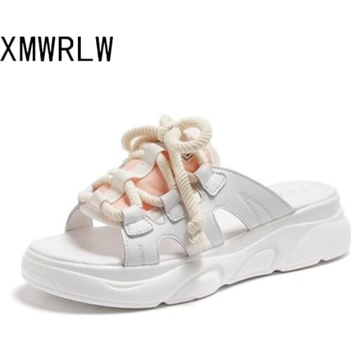XMWRLW Genuine Leather Slippers For Women Summer Shoes Fashion Lace up Comfortable Women Slippers 2020 Summer Ladies Shoe Slides