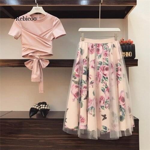 HIGH QUALITY Women Irregular T Shirt+Mesh Skirts Suits Bowknot Solid Tops Vintage Floral Skirt Sets Elegant Woman Two Piece Set