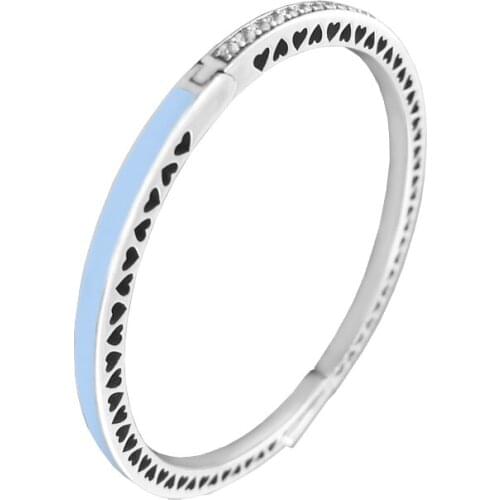 Radiant Hearts Silver Bangle with Air Blue Enamel & Clear CZ 100% 925 Sterling Silver Bracelet Bangle for Women DIY Jewelry