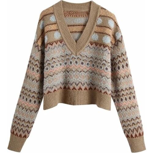 ZA New V-neck Geometric Khaki Knitted sweater Women Casual Houndstooth Lady Pullover Sweaters Female Autumn Winter Retro Jumper