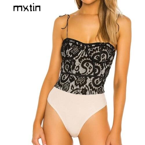 2021 Women Summer Fashion Sexy With Lace Trims Skinny Bodysuits Vintage Patchwork Backless Thin Straps Female Playsuits Chic Top