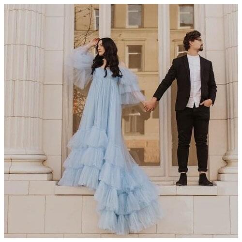 Sweet Sky Blue Off Shoulder Ruffles Sleeves Women Summer Dress Fashion Tiered Tulle Bridal Gowns To Photography Vestidos