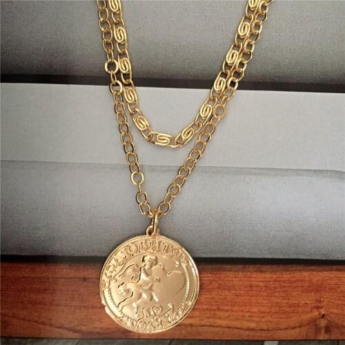 Lovely Gold Color Plating Cherub Angel Engraved Round Disc Layered Necklace For Women Girl Elegant Gorgeous Casual Jewelry