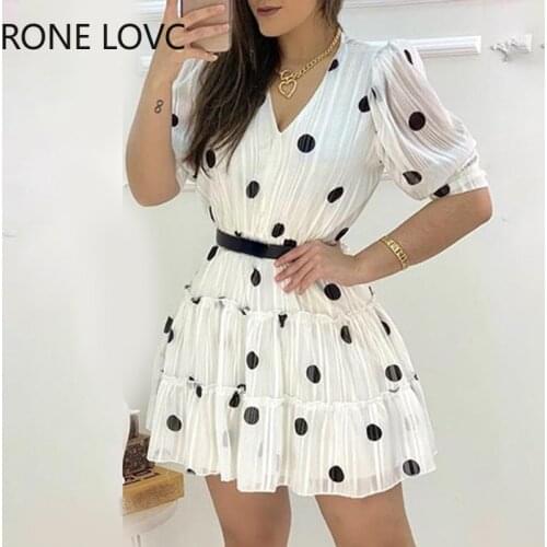 Women V-Neck Polka Dots Mesh Puff Sleeve Ruffles Casual Dress Elegant Fashion Chic Dress