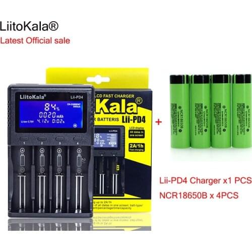 1pcs New LiitoKala lii-PD4 LCD 3.7V 18650 21700 battery Charger+4pcs NCR18650B 3400mAh 3.7V Rechargeable battery For Flashlight