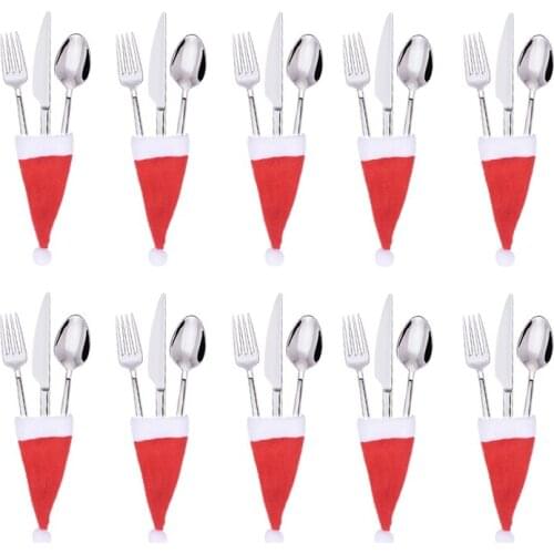 10pcs Christmas DecorChristmas Decorative tableware Caps Cutlery Holder Knife Fork Set Spoon Pocket Christmas Decor Bag 6x13cm